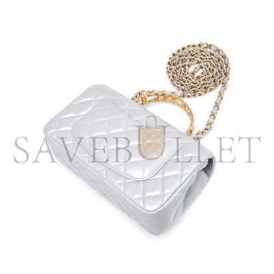 CHANEL SILVER QUILTED LAMBSKIN LEATHER STRASS ON TOP MINI FLAP BAG AS4362 (20*13*6cm)  